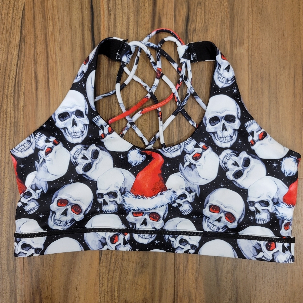 Constantly Varied Gear Santa Skulls Butterfly Back Bra Medium CVG EUC